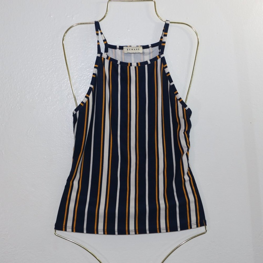 Beware High Neck Spaghetti Strap Tank Top - Vertical Stripes, Size Small